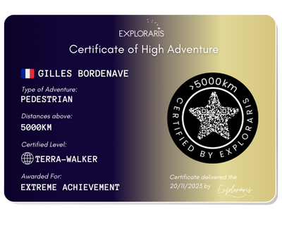 Gilles Bordenave: Certificate of High Adventure by Exploraris. An Adventurer's Journey Through Extreme Environments